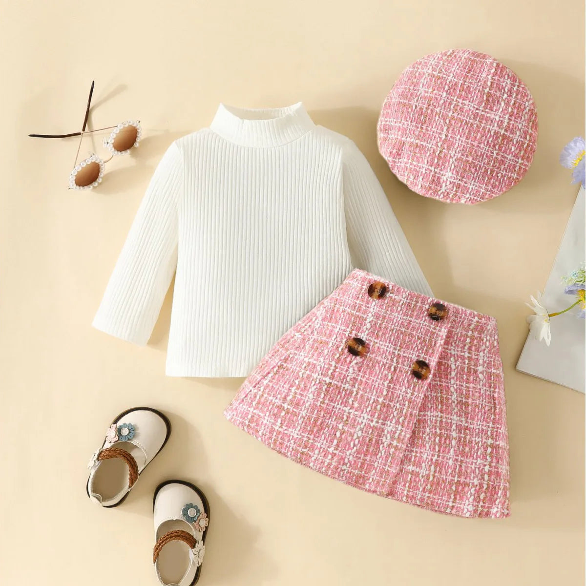 Infant Spring Autumn Long Sleeve Top andDress Set 6-18months Baby Girl Solid ColorTop Houndstooth Half Skirt Beret